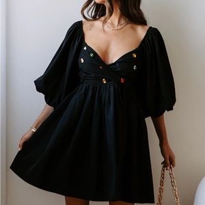 VICI Prized Possession Bejeweled Puff Sleeve Babydoll Dress Black Size Medium